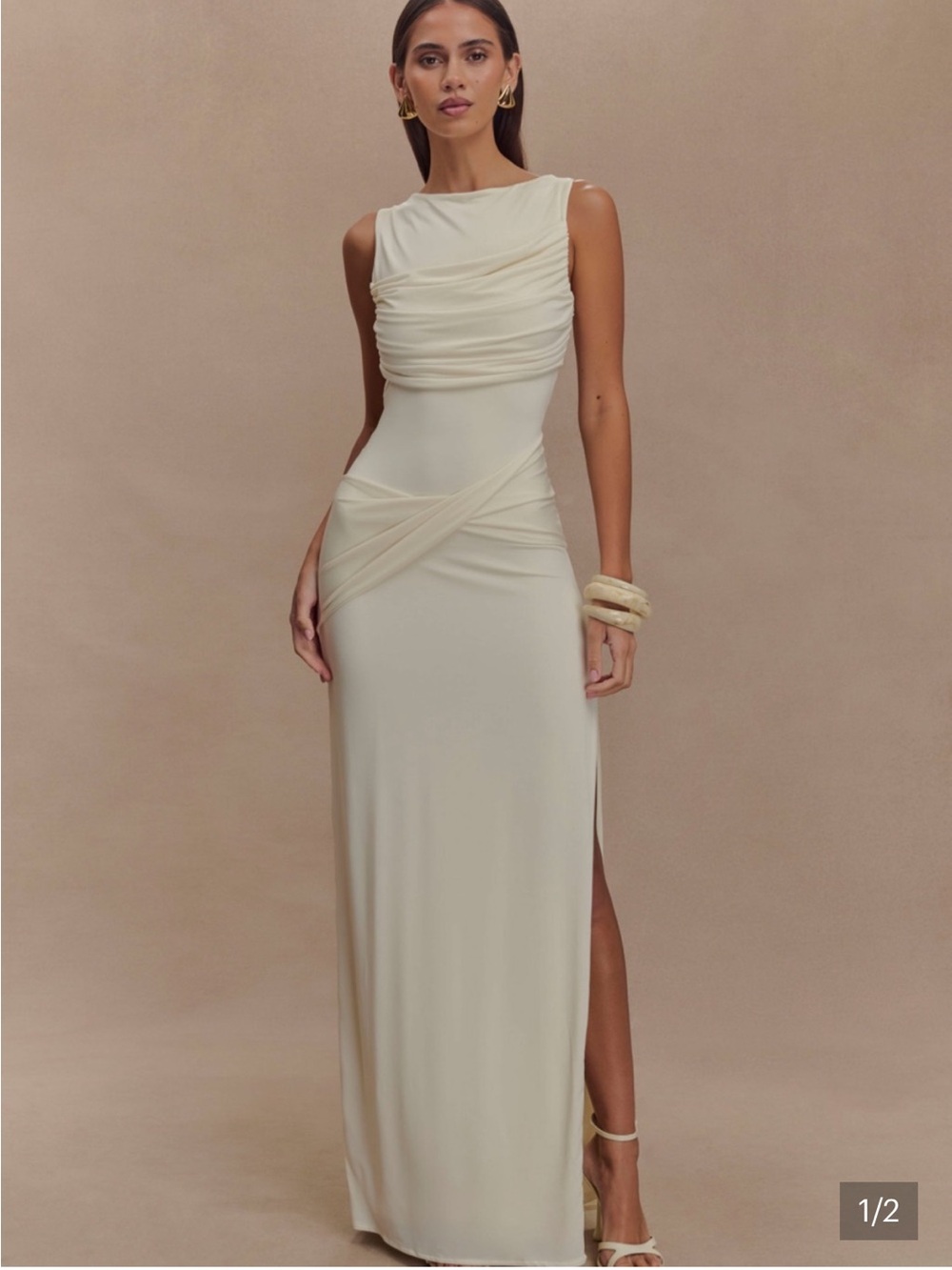 Meshki Henley Cream Draped Slinky Maxi Dress